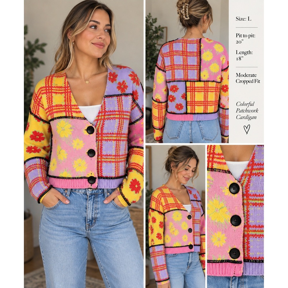 Patchwork Floral Plaid Colorblock Cardigan Sweater Multicolor Large